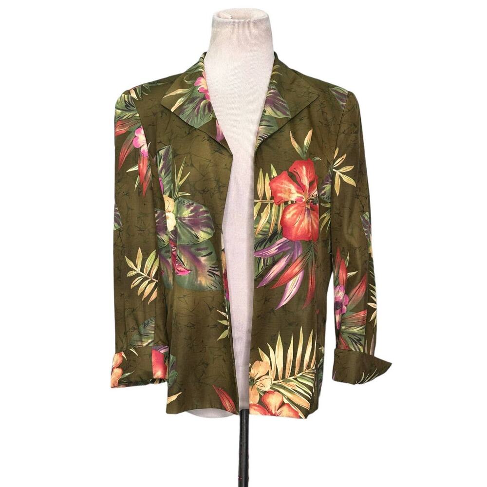 Peck & Peck green floral open front blazer size 10